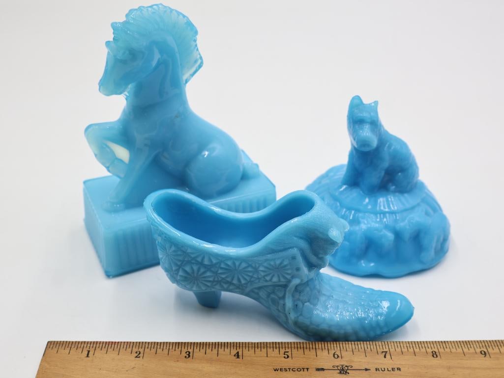 Three Opaque Blue Milk Glass Animal Themed Figures - 2