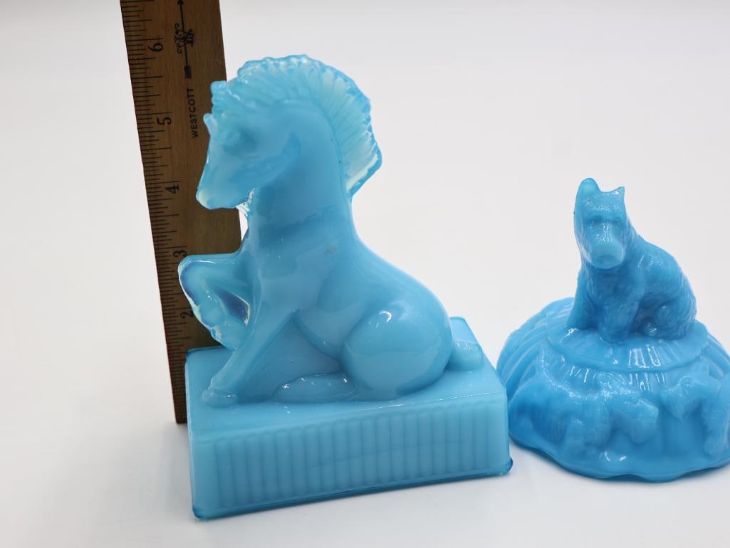 Three Opaque Blue Milk Glass Animal Themed Figures - 8