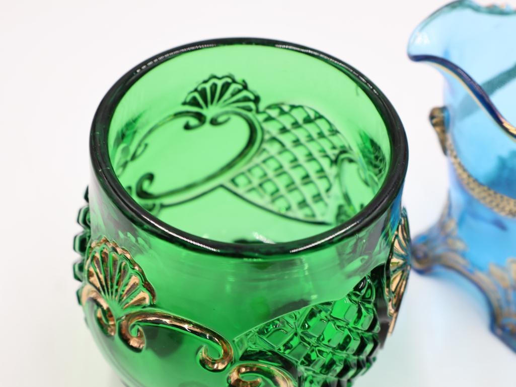 Collection of Translucent Green and Blue Gilded Glass - 7