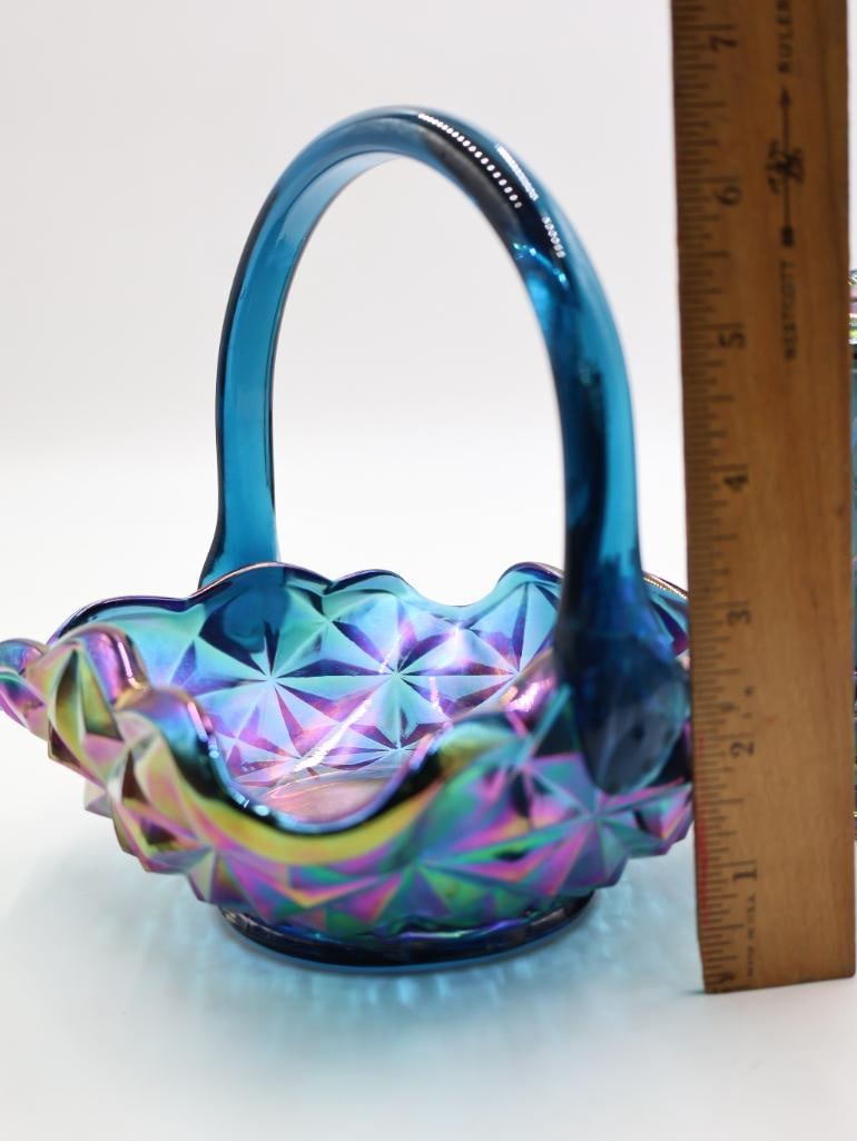 2 Pc Blue Carnival Glass Basket and Grape Covered Jar - 2