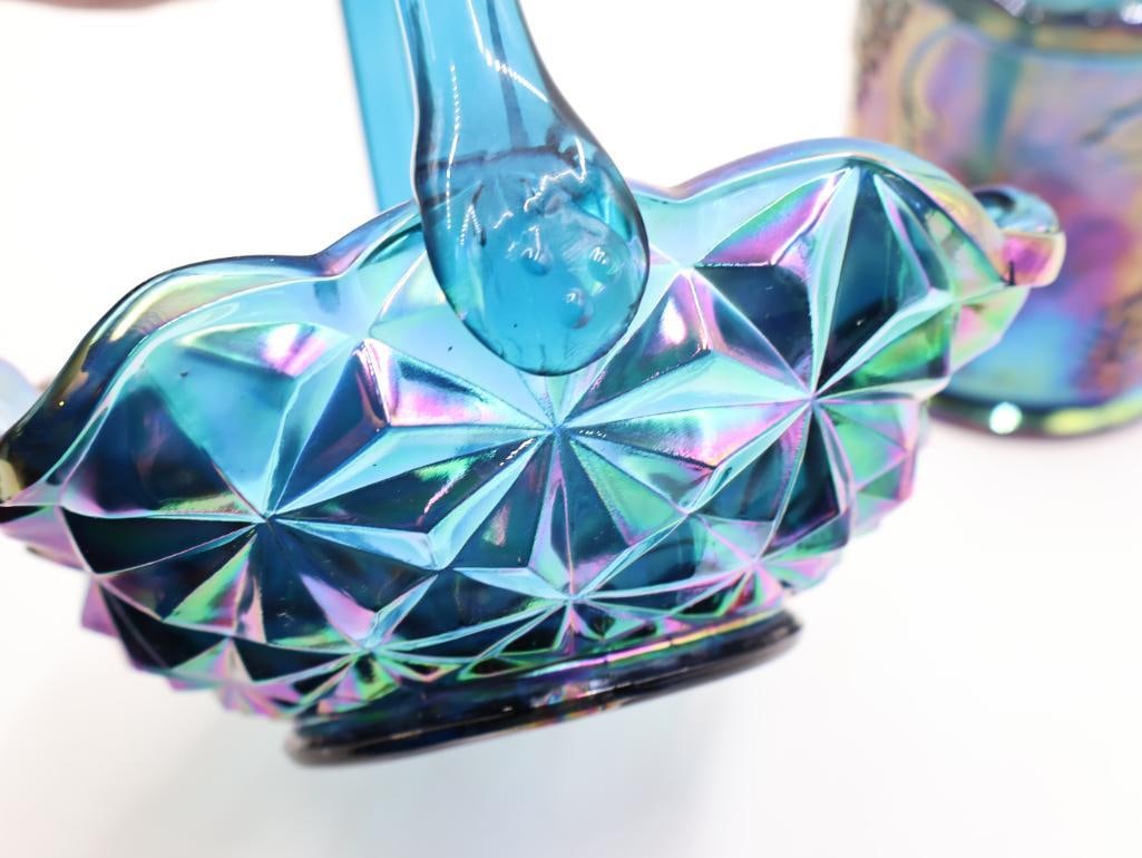 2 Pc Blue Carnival Glass Basket and Grape Covered Jar - 3