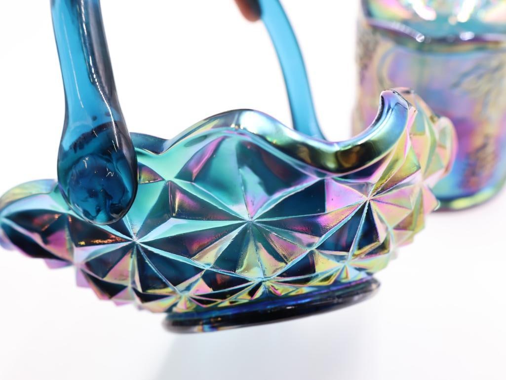 2 Pc Blue Carnival Glass Basket and Grape Covered Jar - 4