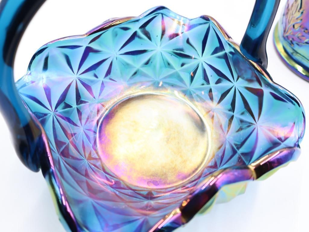 2 Pc Blue Carnival Glass Basket and Grape Covered Jar - 5