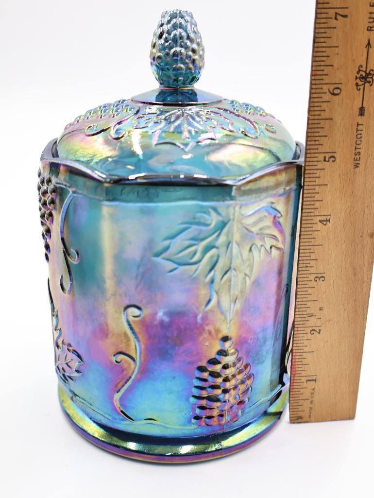 2 Pc Blue Carnival Glass Basket and Grape Covered Jar - 7