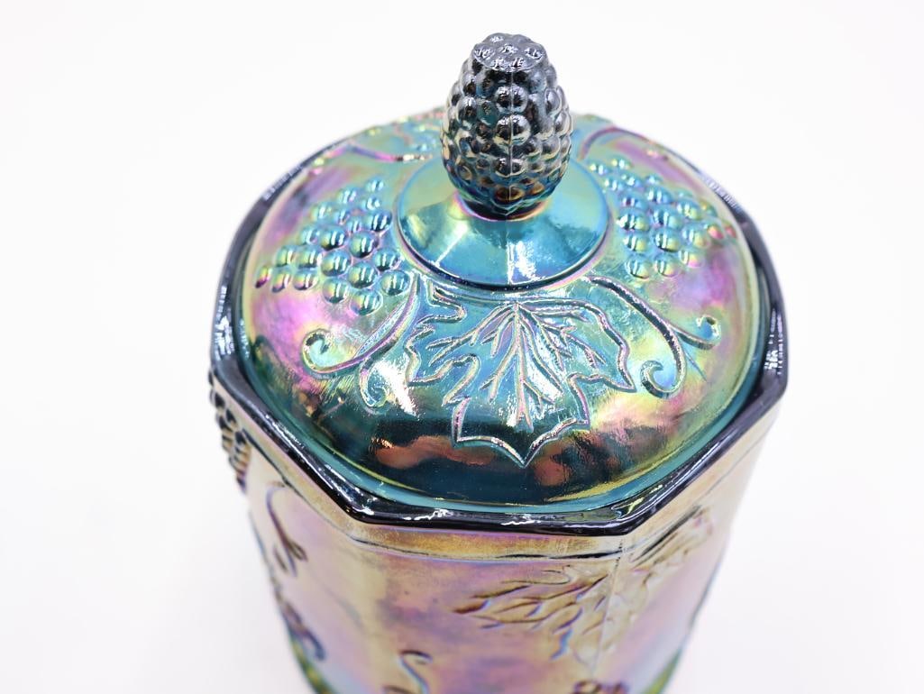 2 Pc Blue Carnival Glass Basket and Grape Covered Jar - 8