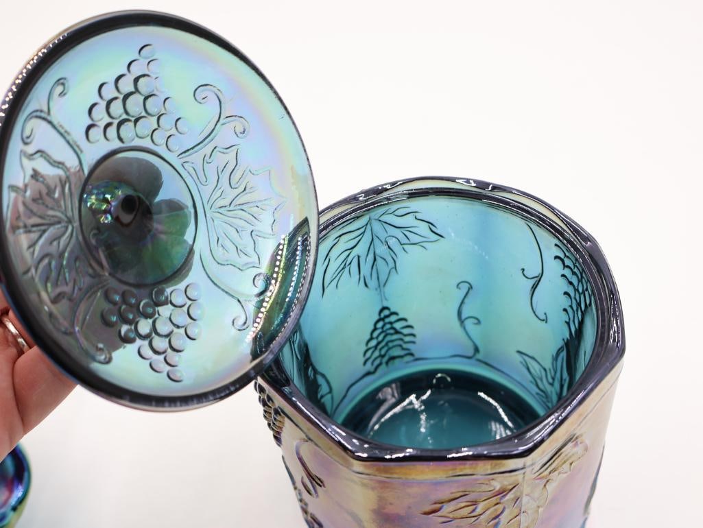2 Pc Blue Carnival Glass Basket and Grape Covered Jar - 9