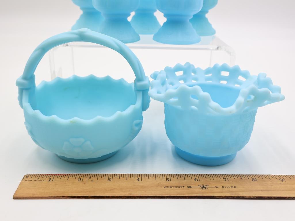 7 Pc Vintage Blue Milk Glass Toothpick Holders & Baskets - 2