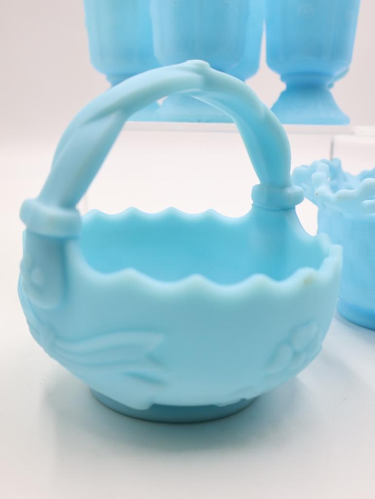 7 Pc Vintage Blue Milk Glass Toothpick Holders & Baskets - 3