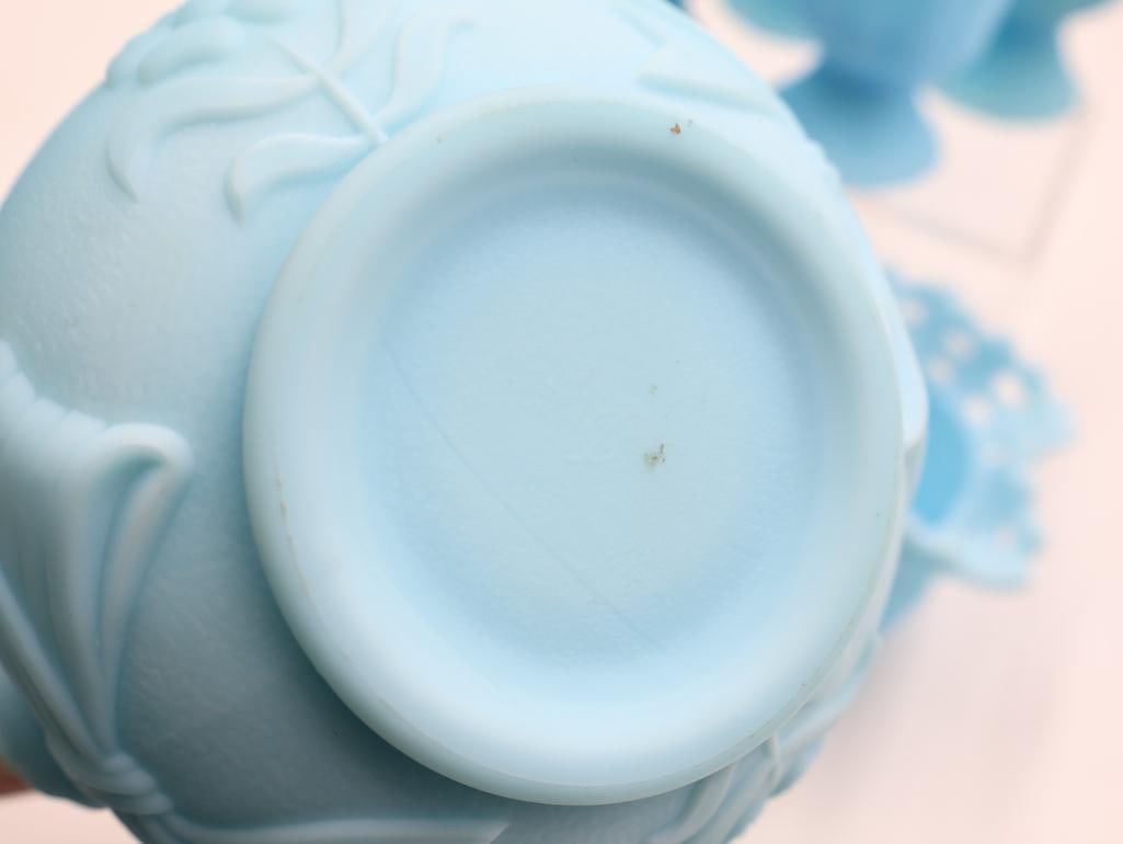 7 Pc Vintage Blue Milk Glass Toothpick Holders & Baskets - 5