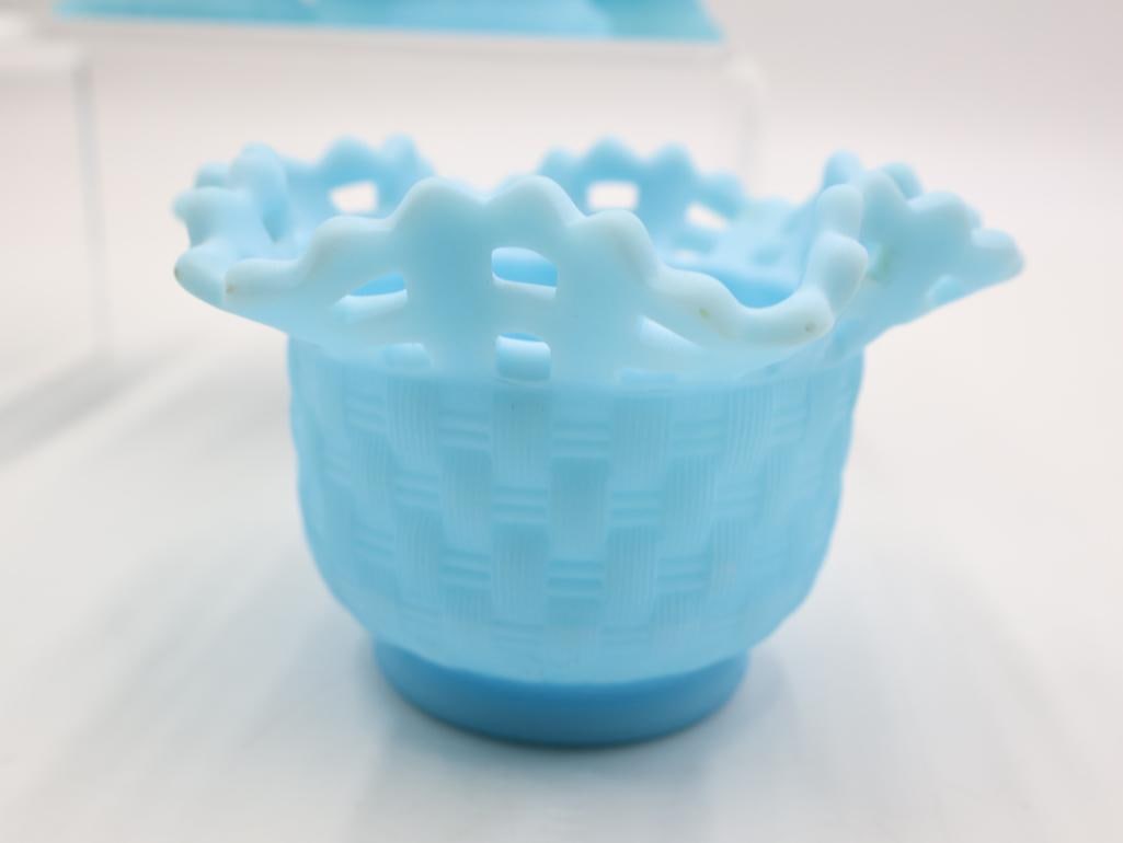7 Pc Vintage Blue Milk Glass Toothpick Holders & Baskets - 6