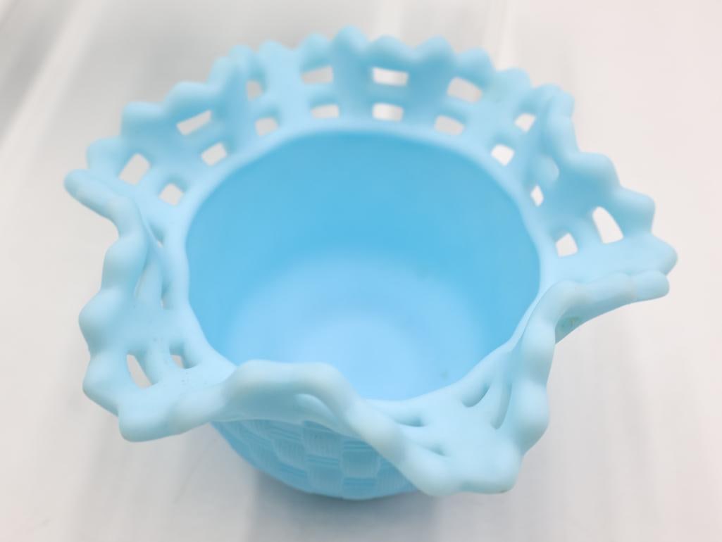 7 Pc Vintage Blue Milk Glass Toothpick Holders & Baskets - 7