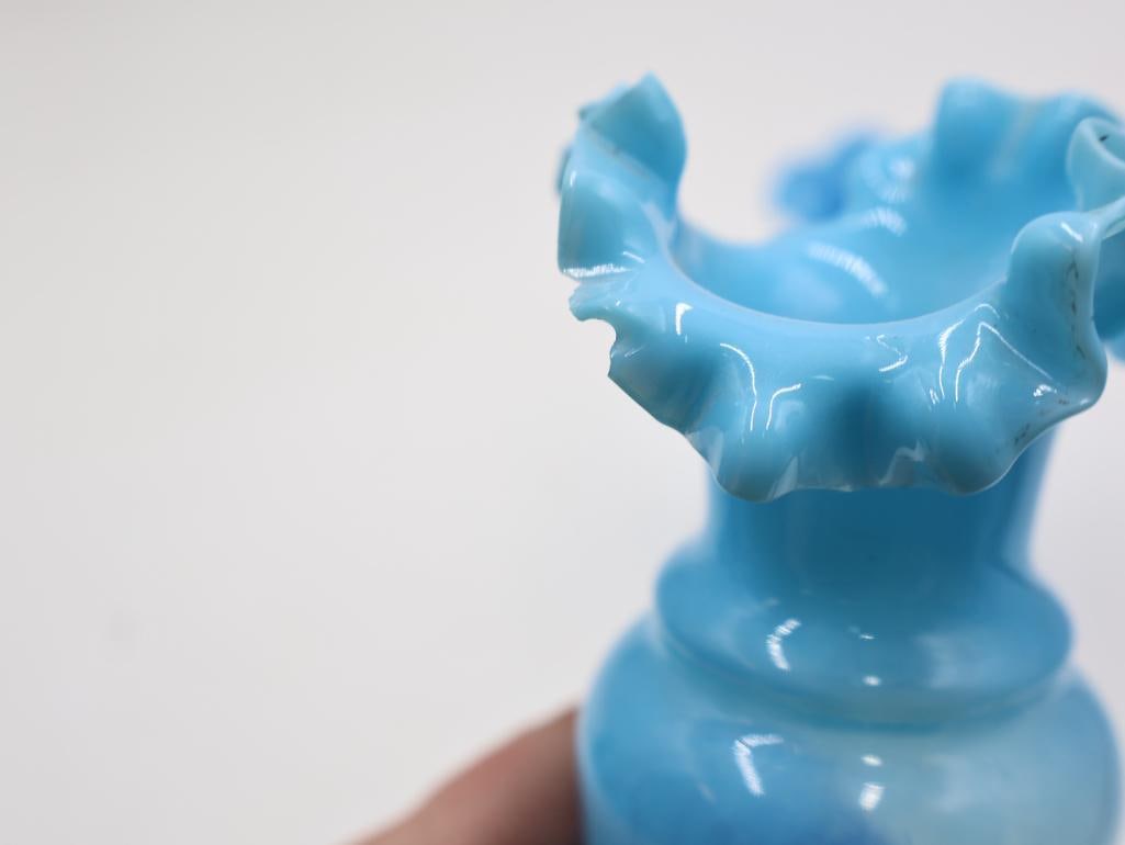 5 Antique Blue Opalescent Art Glass Ruffled Vases - 16