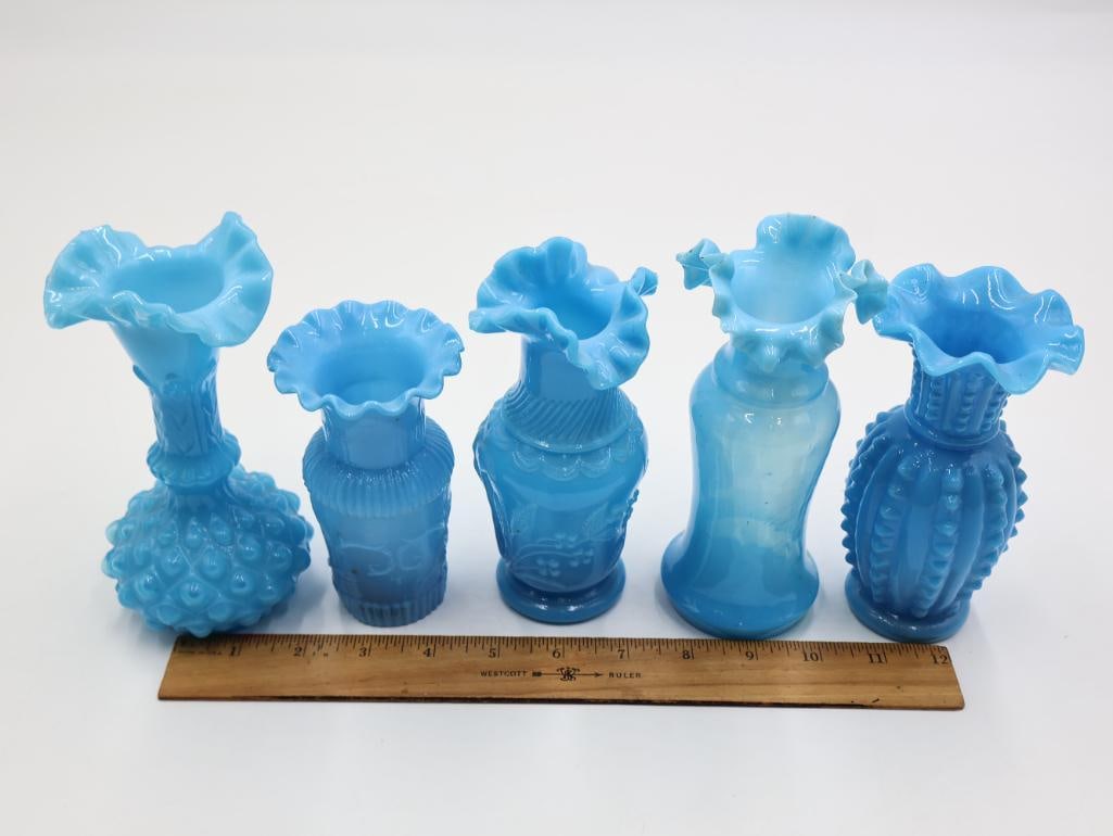 5 Antique Blue Opalescent Art Glass Ruffled Vases - 2