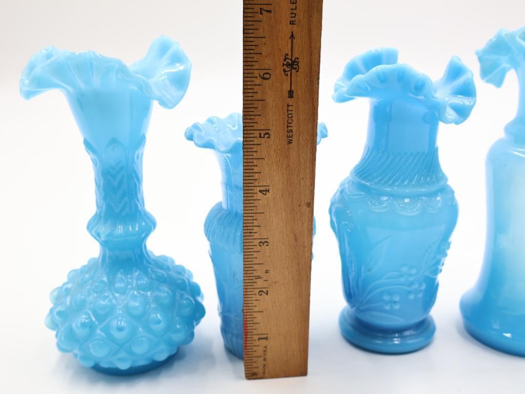 5 Antique Blue Opalescent Art Glass Ruffled Vases - 3