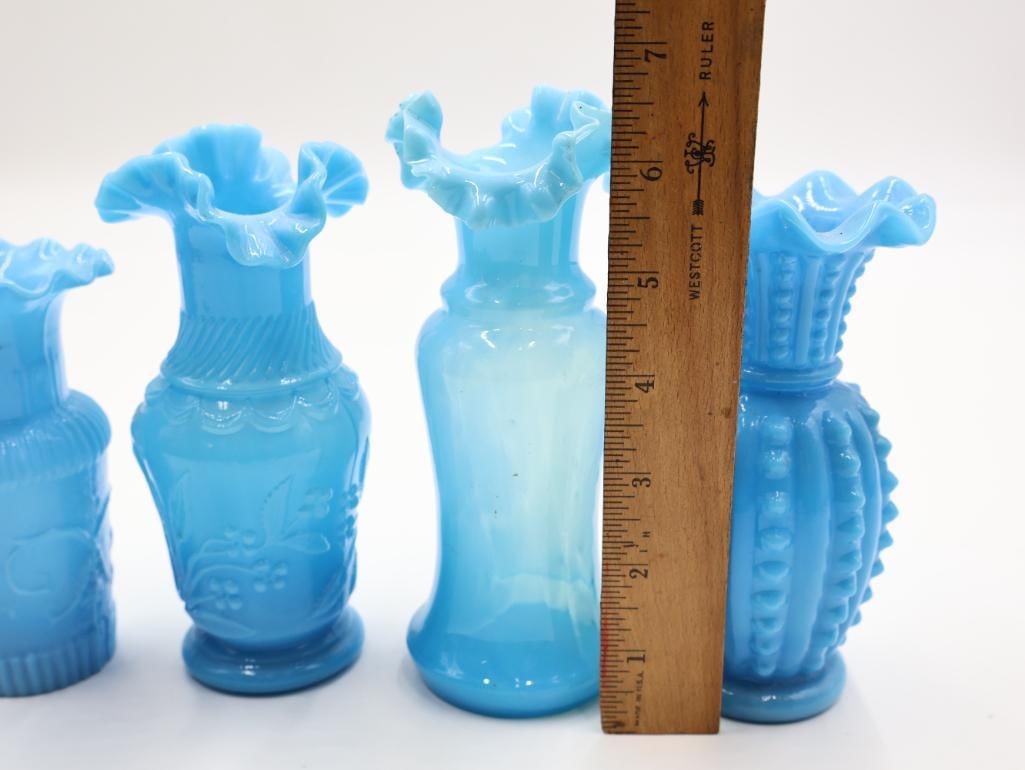 5 Antique Blue Opalescent Art Glass Ruffled Vases - 4