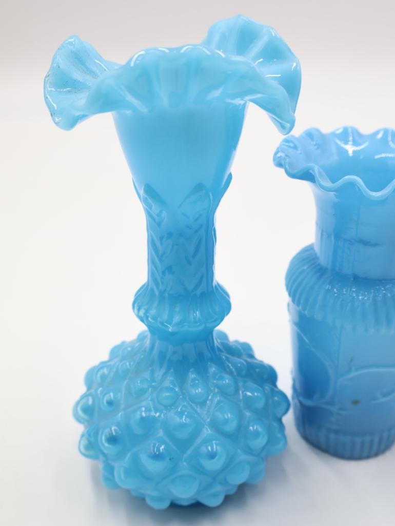 5 Antique Blue Opalescent Art Glass Ruffled Vases - 5