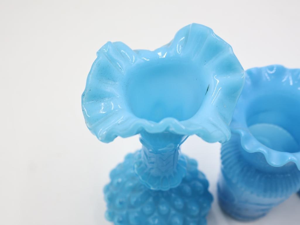 5 Antique Blue Opalescent Art Glass Ruffled Vases - 6