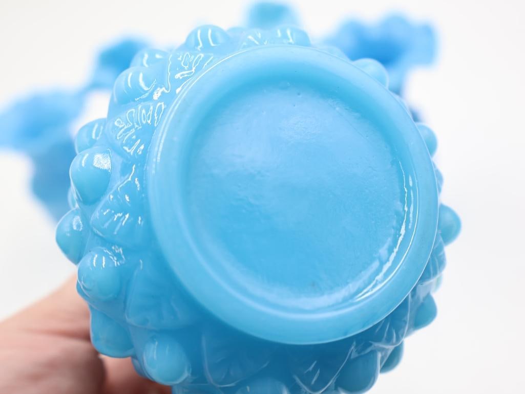 5 Antique Blue Opalescent Art Glass Ruffled Vases - 7