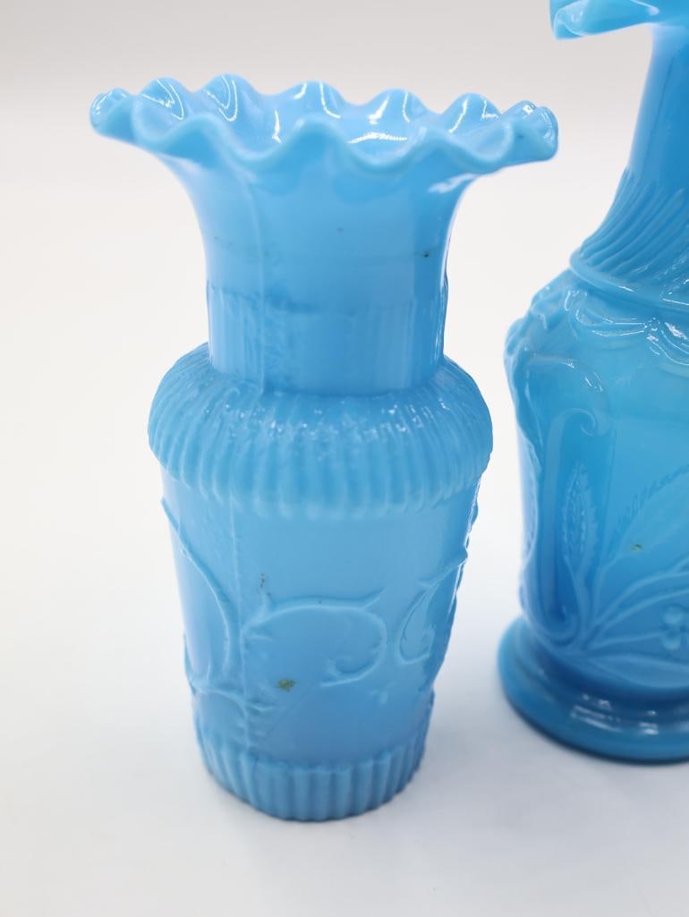 5 Antique Blue Opalescent Art Glass Ruffled Vases - 8