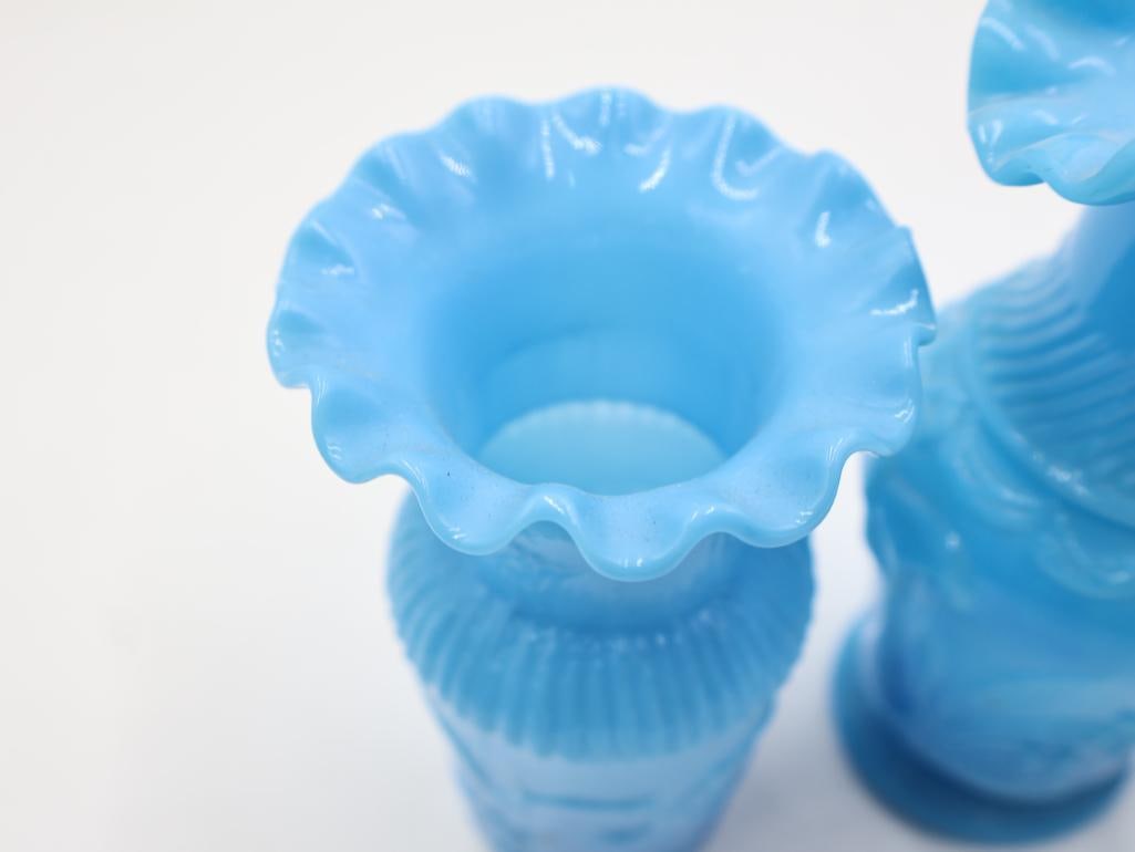 5 Antique Blue Opalescent Art Glass Ruffled Vases - 9
