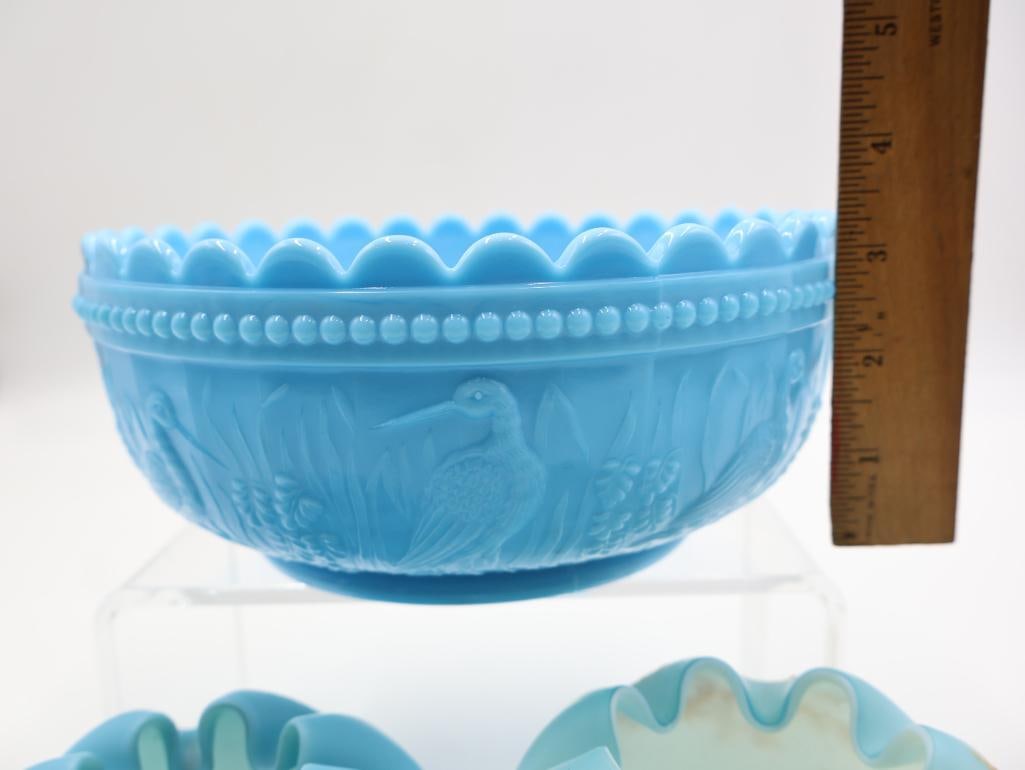 3 Pc Antique Blue Glass Bowl and Ruffled Rose Bowls - 2