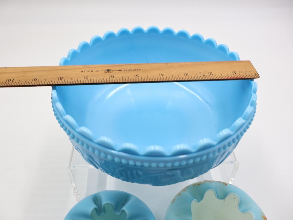 3 Pc Antique Blue Glass Bowl and Ruffled Rose Bowls - 3