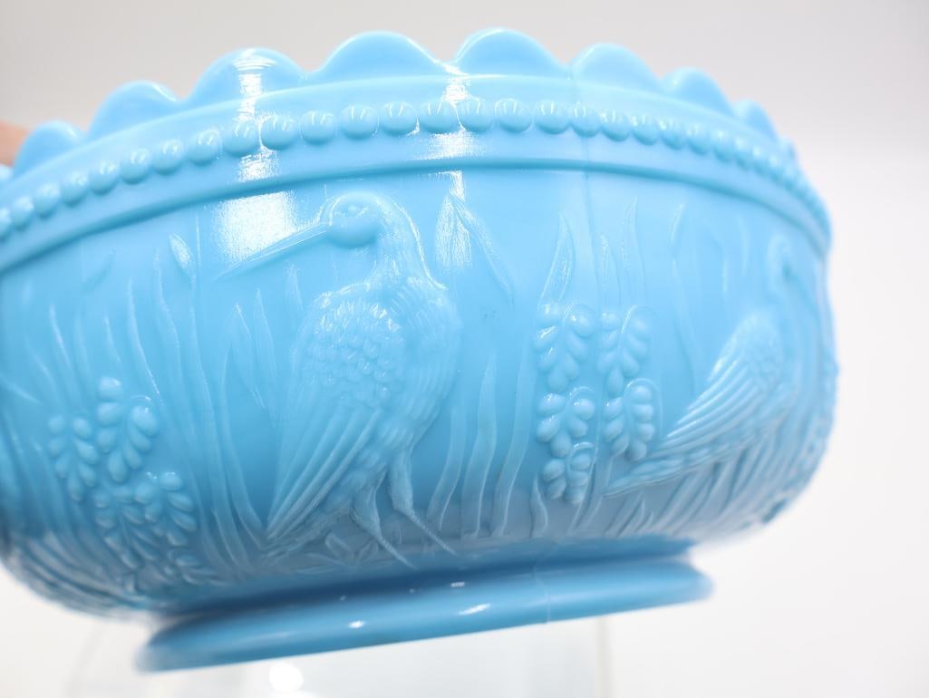 3 Pc Antique Blue Glass Bowl and Ruffled Rose Bowls - 4