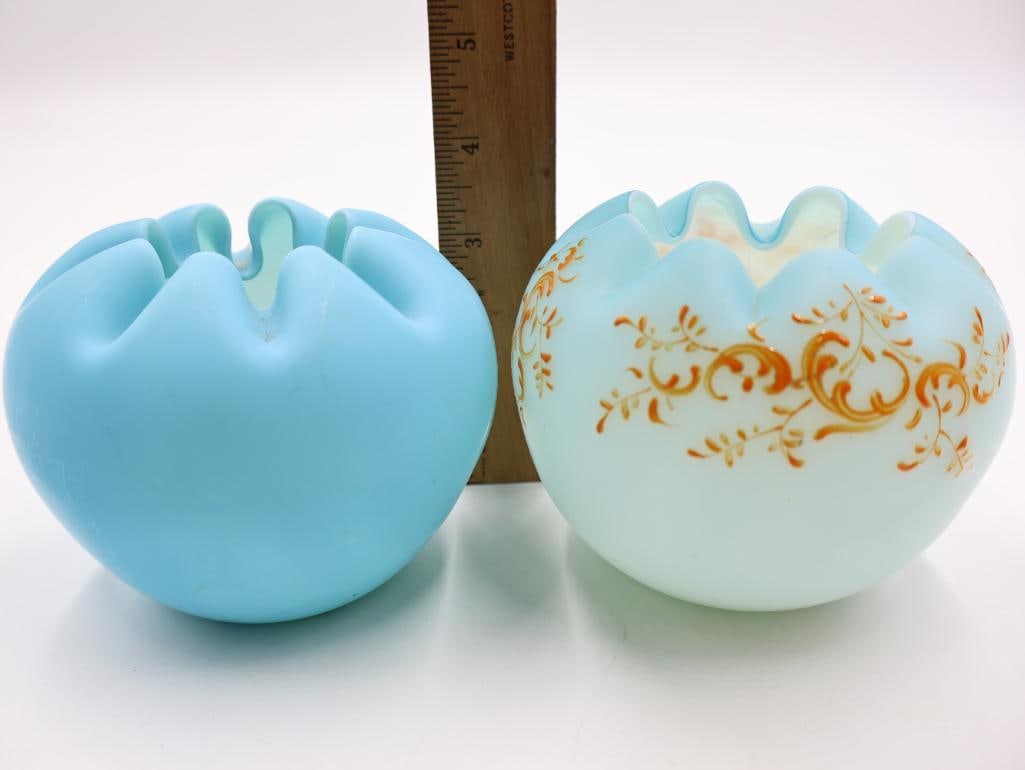 3 Pc Antique Blue Glass Bowl and Ruffled Rose Bowls - 6