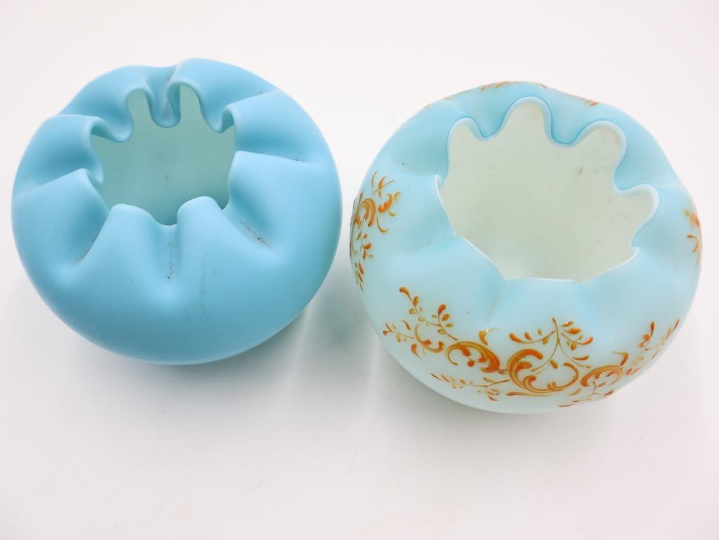3 Pc Antique Blue Glass Bowl and Ruffled Rose Bowls - 8