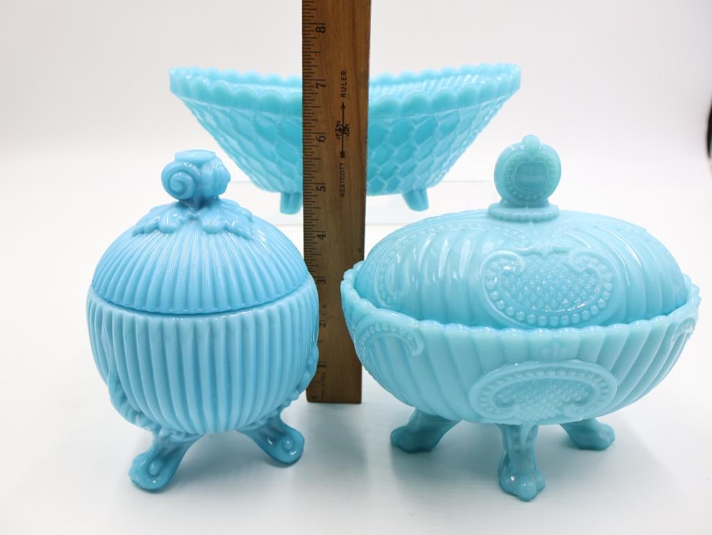 3 Pc Vintage Blue Milk Glass Covered Dishes and Bowl - 2