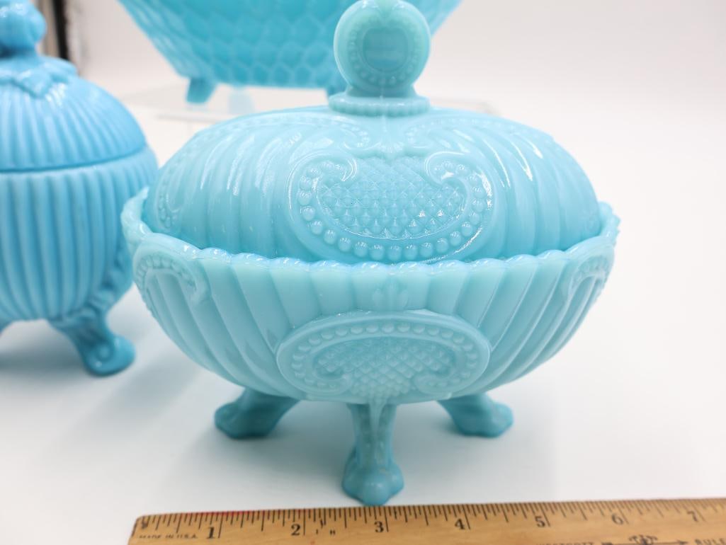 3 Pc Vintage Blue Milk Glass Covered Dishes and Bowl - 3