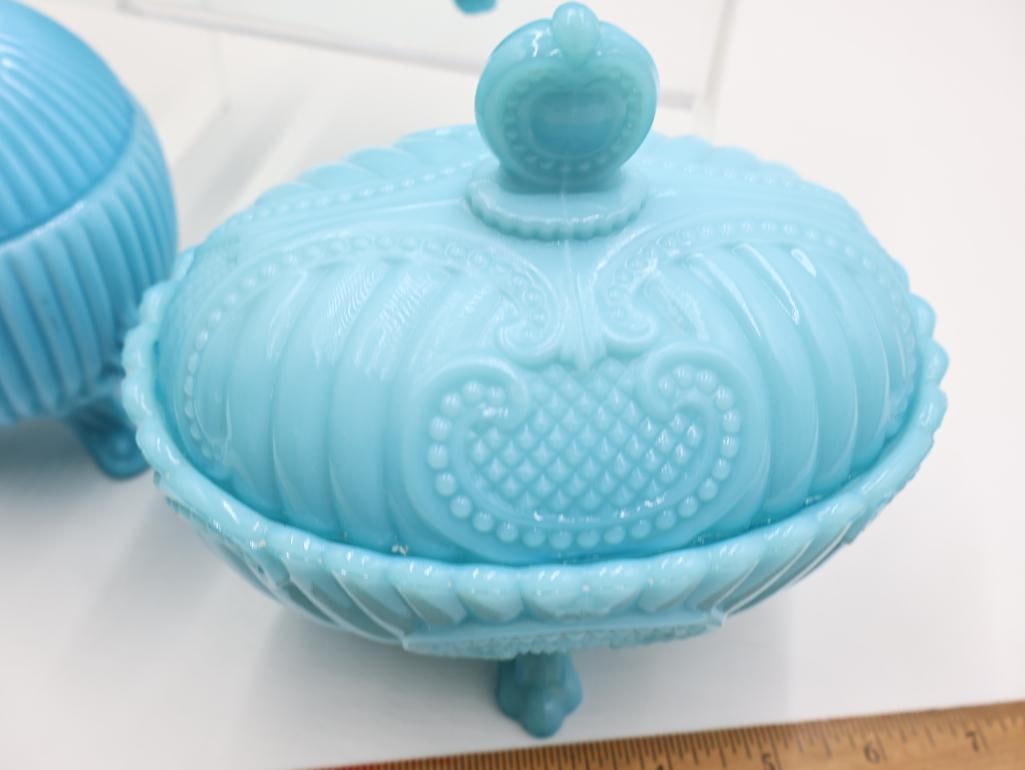 3 Pc Vintage Blue Milk Glass Covered Dishes and Bowl - 4