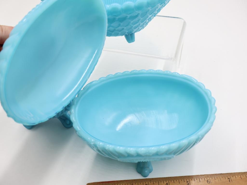 3 Pc Vintage Blue Milk Glass Covered Dishes and Bowl - 5
