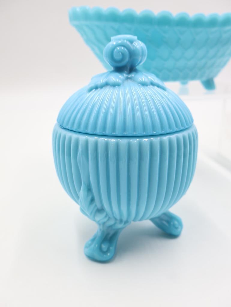 3 Pc Vintage Blue Milk Glass Covered Dishes and Bowl - 7