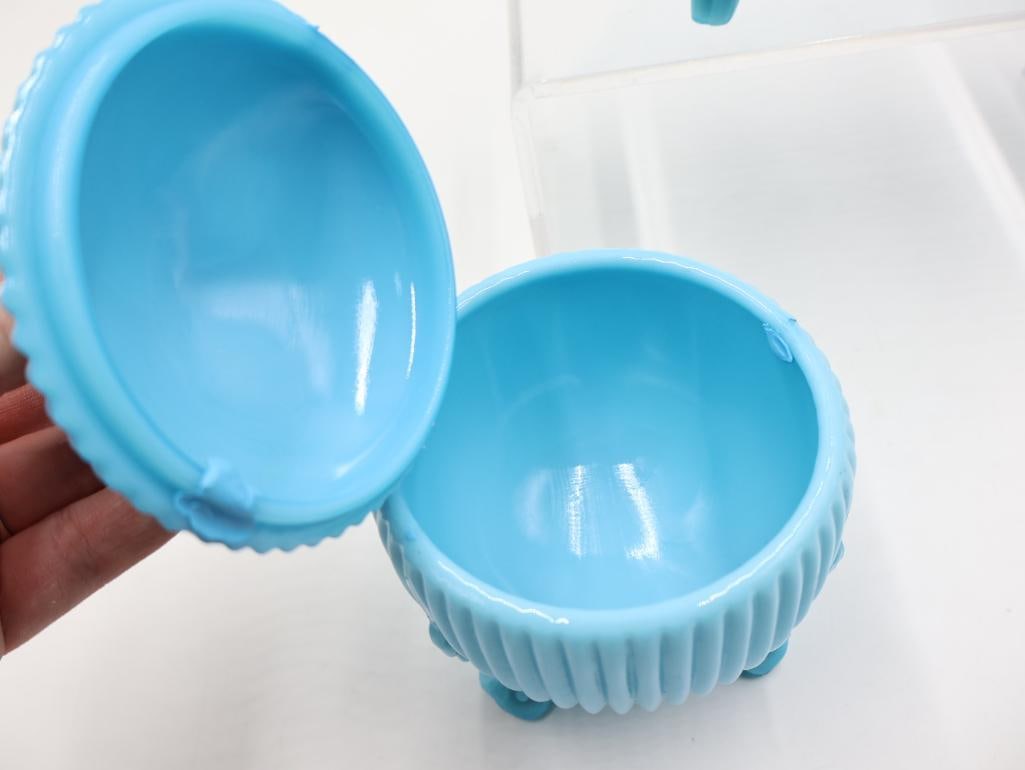 3 Pc Vintage Blue Milk Glass Covered Dishes and Bowl - 8