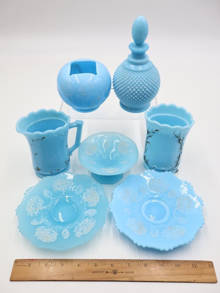 7 Pc Vintage Blue Milk Glass Vanity and Tableware Lot - 2