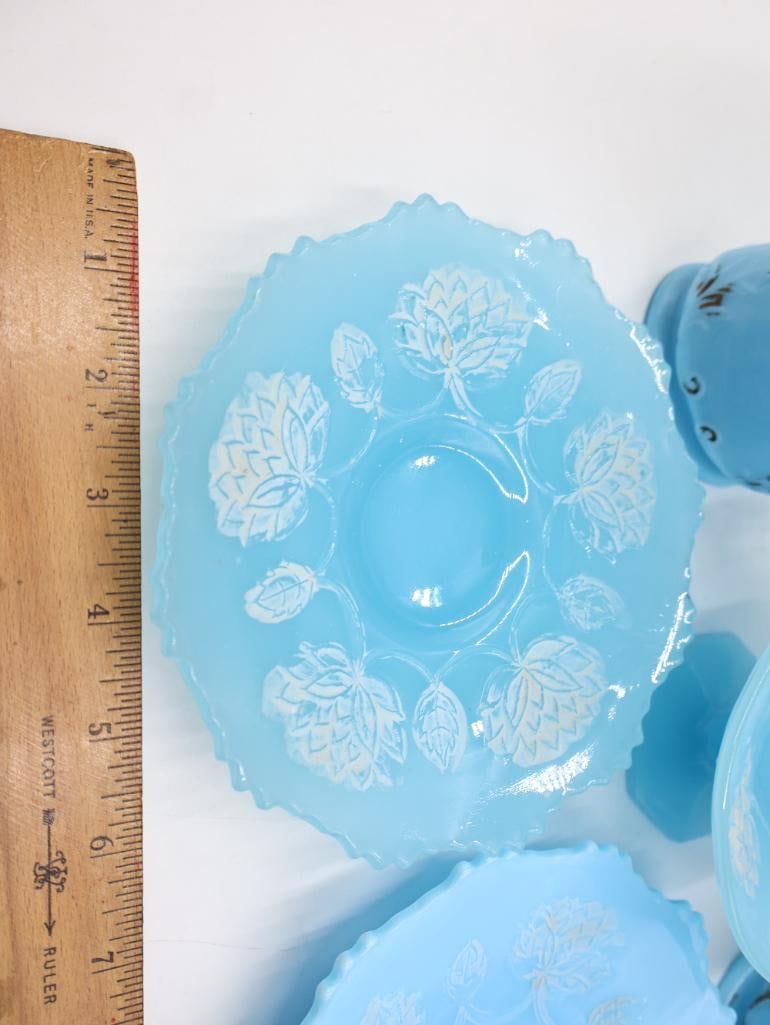 7 Pc Vintage Blue Milk Glass Vanity and Tableware Lot - 3