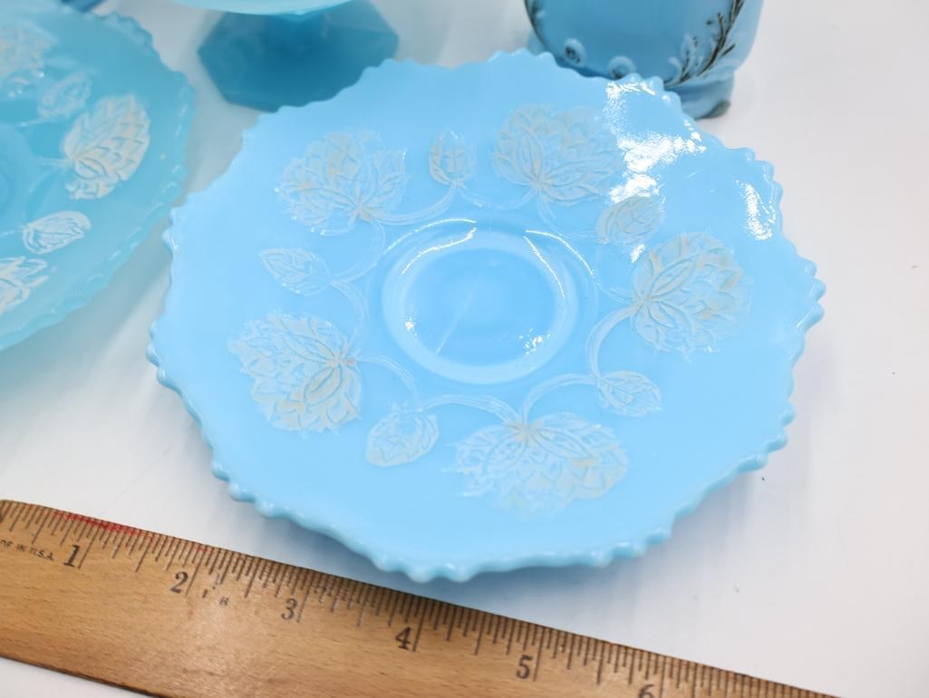 7 Pc Vintage Blue Milk Glass Vanity and Tableware Lot - 4