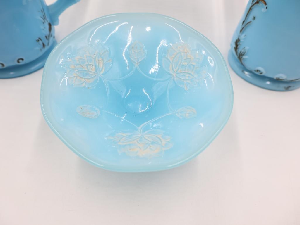 7 Pc Vintage Blue Milk Glass Vanity and Tableware Lot - 7