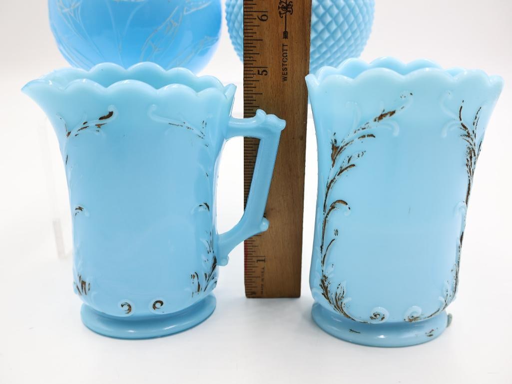 7 Pc Vintage Blue Milk Glass Vanity and Tableware Lot - 9