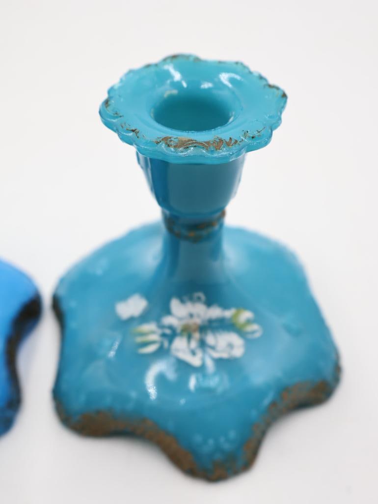 6 Antique Blue Milk Glass Chamber Candlesticks - 16