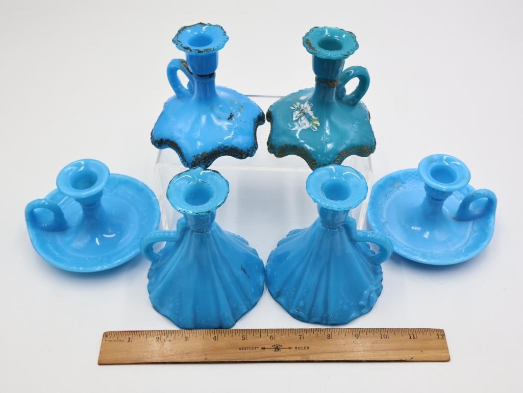 6 Antique Blue Milk Glass Chamber Candlesticks - 2