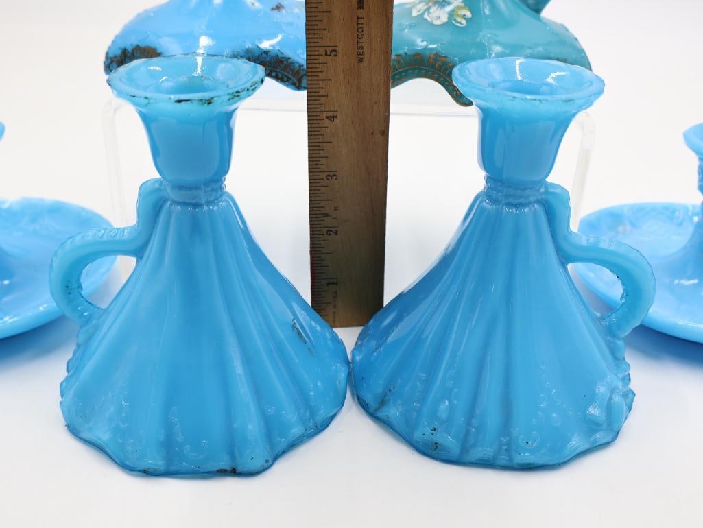 6 Antique Blue Milk Glass Chamber Candlesticks - 3