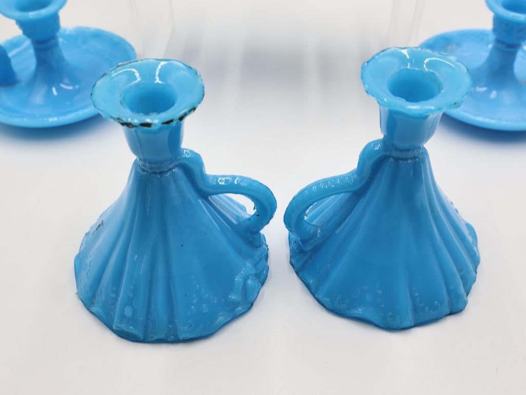 6 Antique Blue Milk Glass Chamber Candlesticks - 4