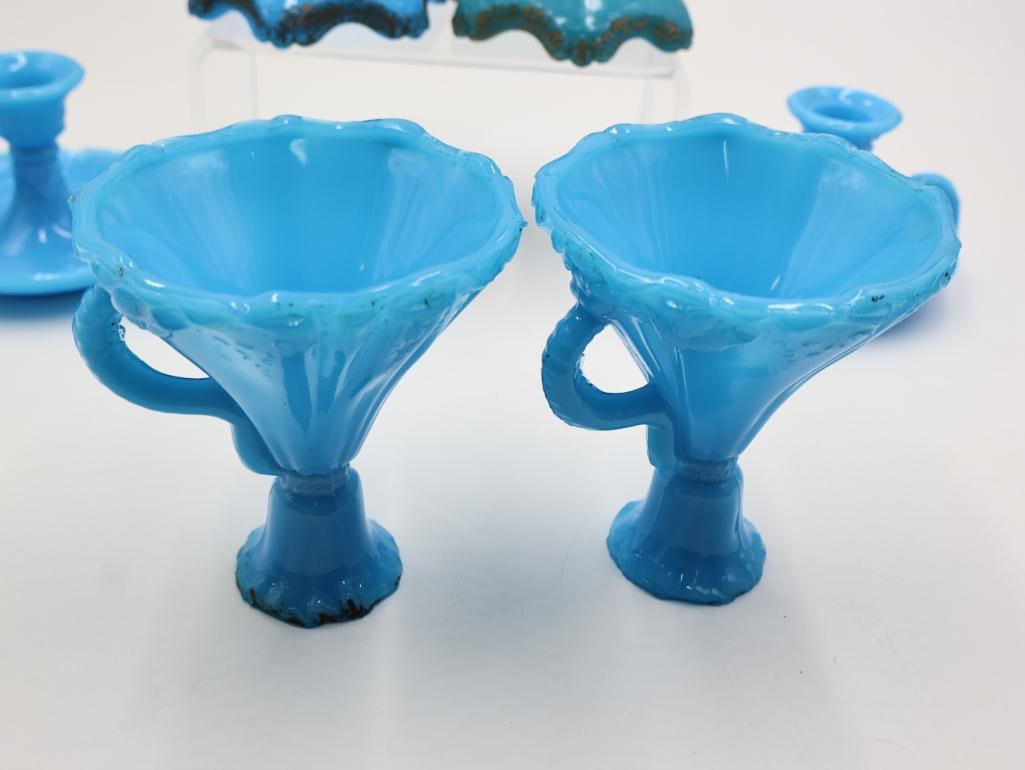 6 Antique Blue Milk Glass Chamber Candlesticks - 7