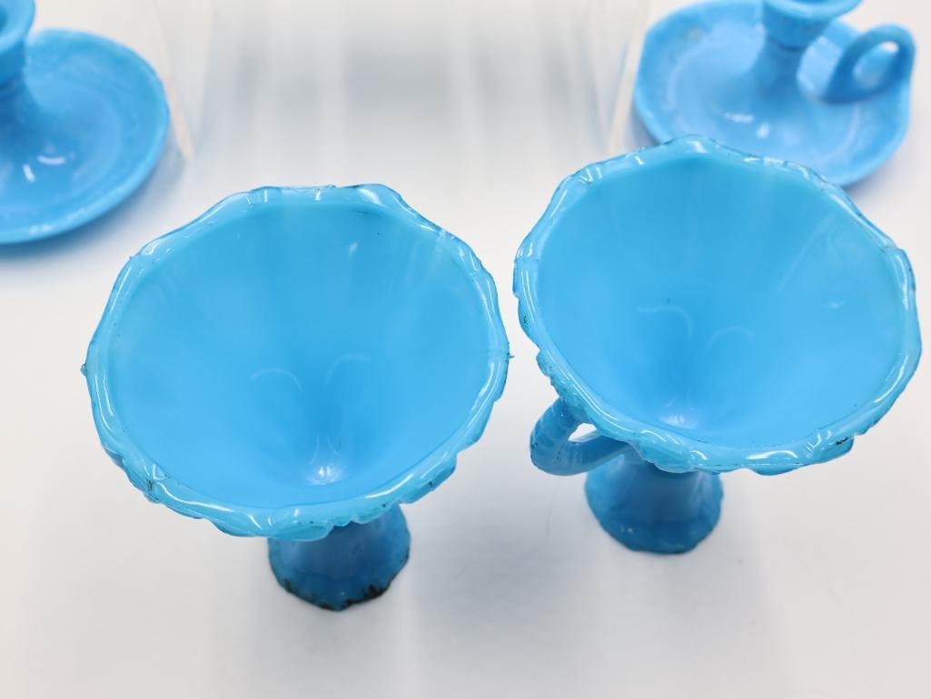 6 Antique Blue Milk Glass Chamber Candlesticks - 8
