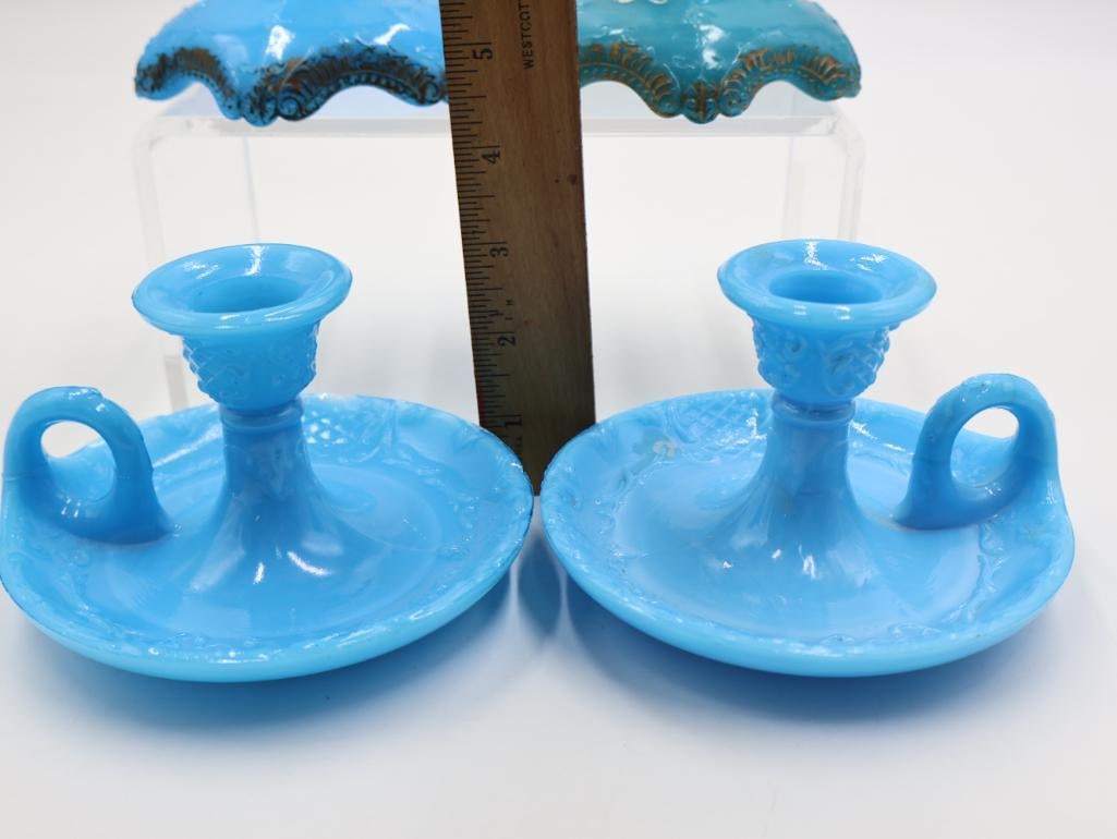6 Antique Blue Milk Glass Chamber Candlesticks - 9