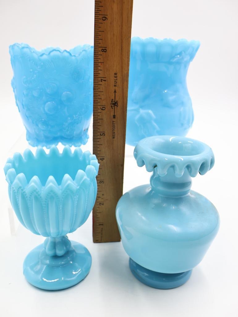 4 Antique Blue Milk Glass Vases and Spooners - 2