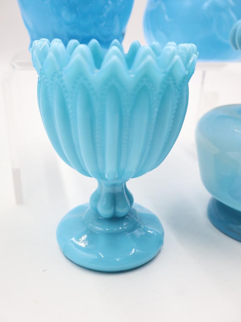 4 Antique Blue Milk Glass Vases and Spooners - 3