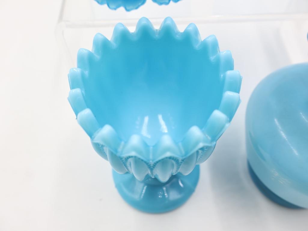4 Antique Blue Milk Glass Vases and Spooners - 4